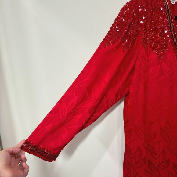 Vintage D'ore Silk Red Beaded Dress 14 Drop Waist Holidays Mature MoTB Cocktails - Picture 4 of 13